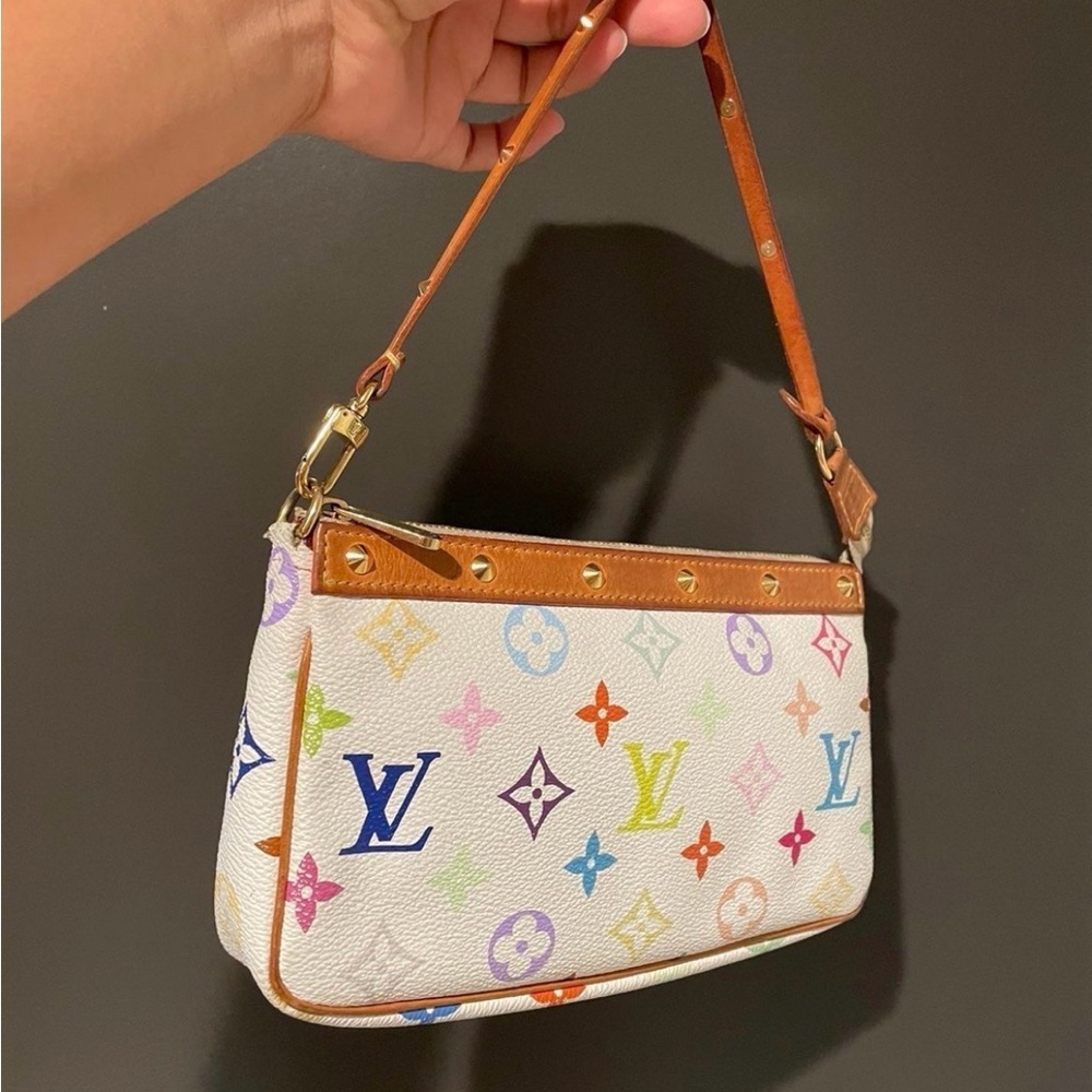 Louis Vuitton White Multicolor Monogram Shoulder Bag with Tan Trim